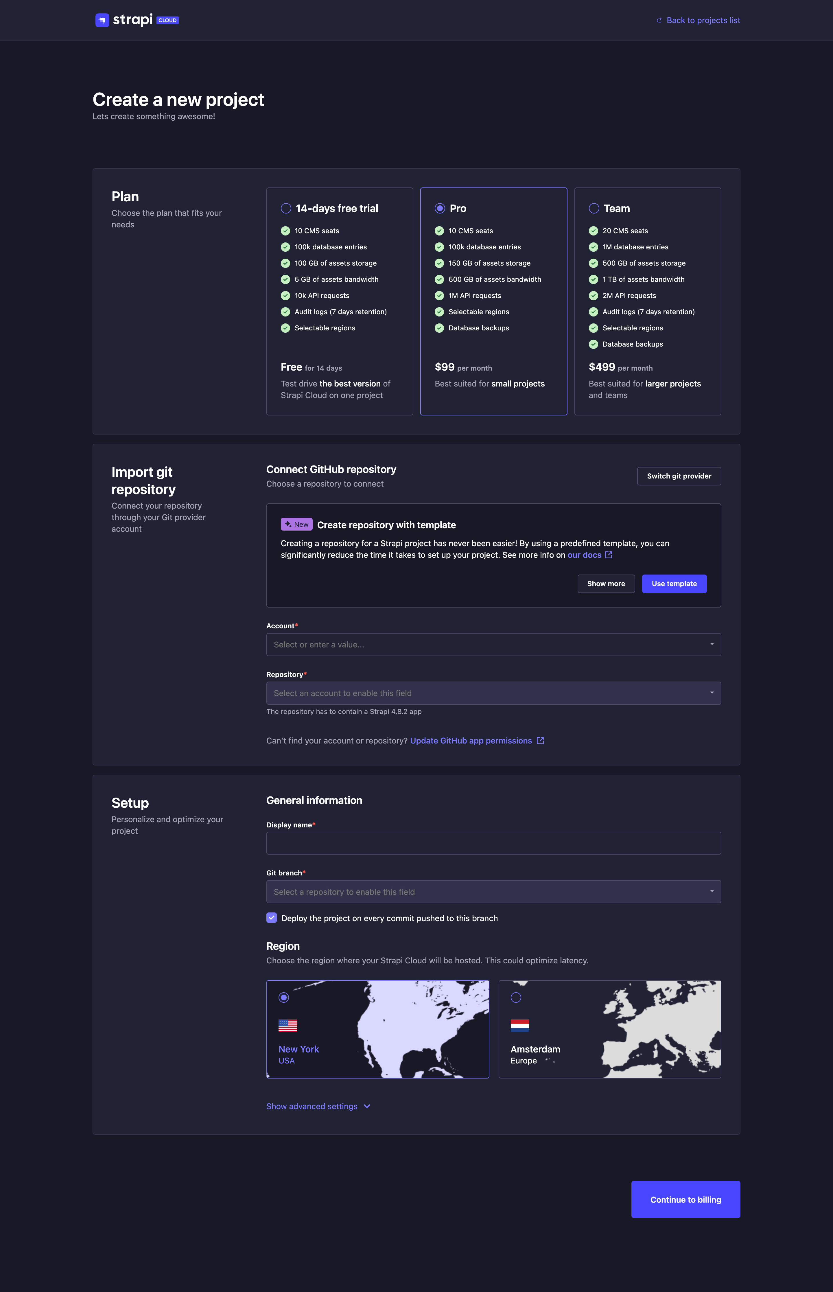 Strapi Cloud project creation, step 1